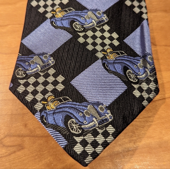 Vintage Retro blue and black and white check car tie by Robert Talbot